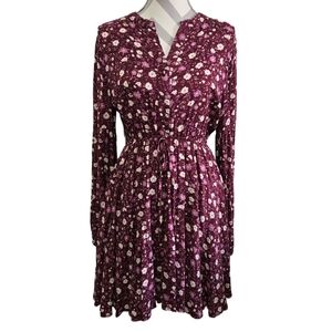 BLU PEPPER Floral Boho Mini Dress Long Balloon Sleeves Plum Purple Size Large